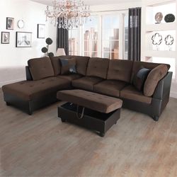 Brown Sectional Couch Set And Ottoman