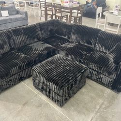 Black Sectional Sofa With Ottoman - Soft Fur Like Corduroy