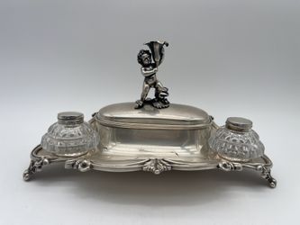 Antique Victorian Sterling Silver & Glass Inkstand(3 LB w/o Ink Bottles) w/Putti Handle