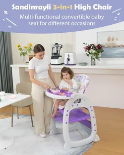 High Chair , Purple,  3-in-1 for Babies and Toddlers, Convertible Booster Seat, Feeding Tray and Backrest, Purple, NEW
