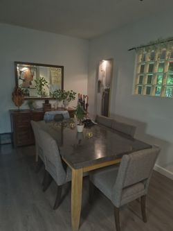 Stone Top Dining Table with 6 Upholstered Chairs