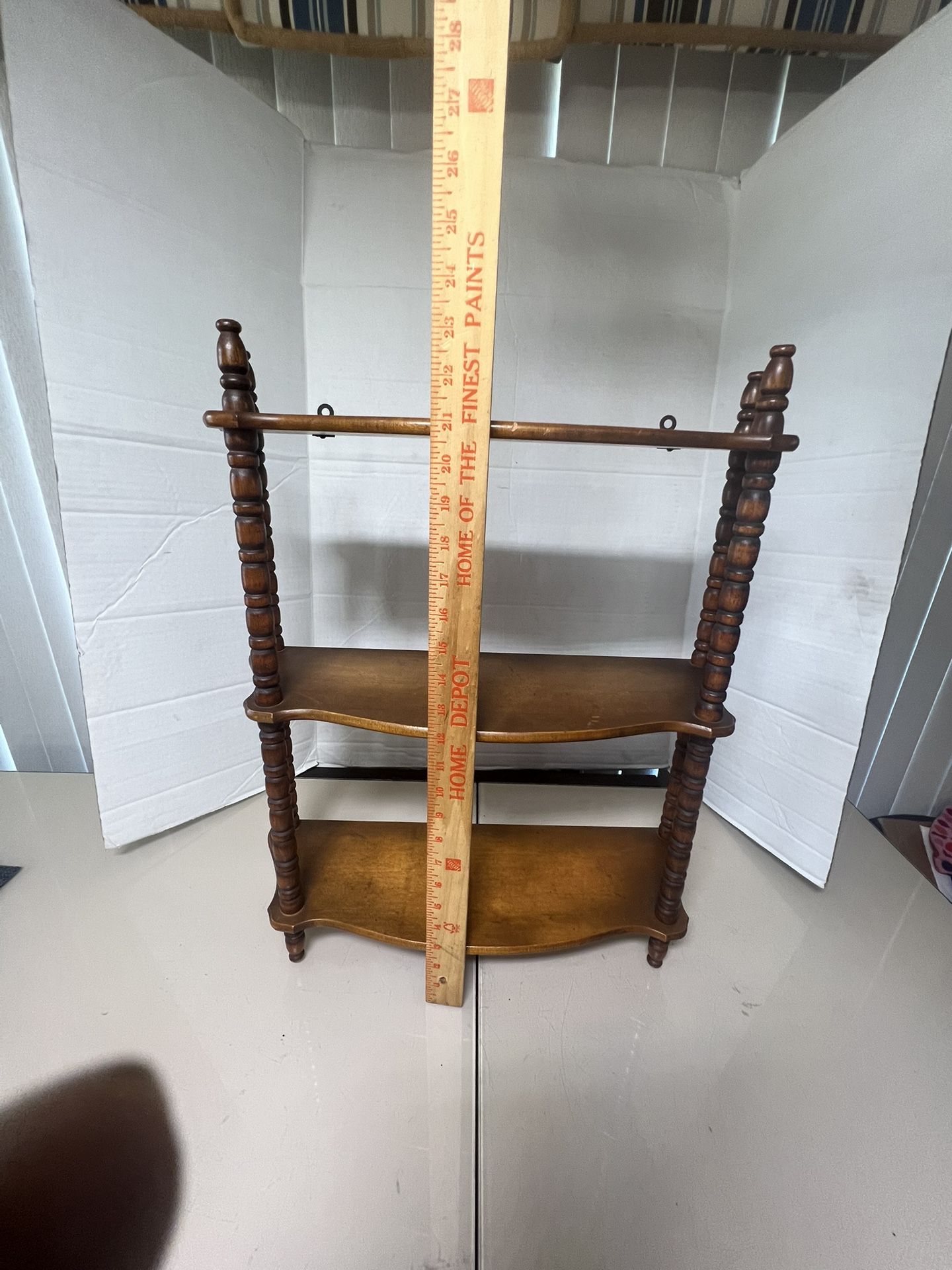 Vintage Wood Wall Shelf 3 Tier Trinket Display. Used in good condition with minor cosmetic blemishes. These blemishes are in the form of some minor sc