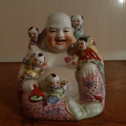 Vintage Porcelain Famille Rose Gilded Laughing BUDDHA  6" Tall 15" Round  1lb 4.2oz
