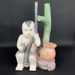 HAND CARVED Asian Child Fisherman Wood Sculpture