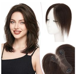 Human Hair Topper for Thinning Hair With Side Bangs 10" Dark Brown