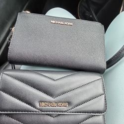 2 New Micheal Kors Black Wallets With Gold Writing 