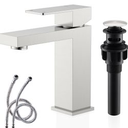 Single Handle Bathroom Sink Faucet, Brushed Nickel Vanity Faucet for Bathroom Sink, with Pop Up Drain Stopper & Water Supply Lines 