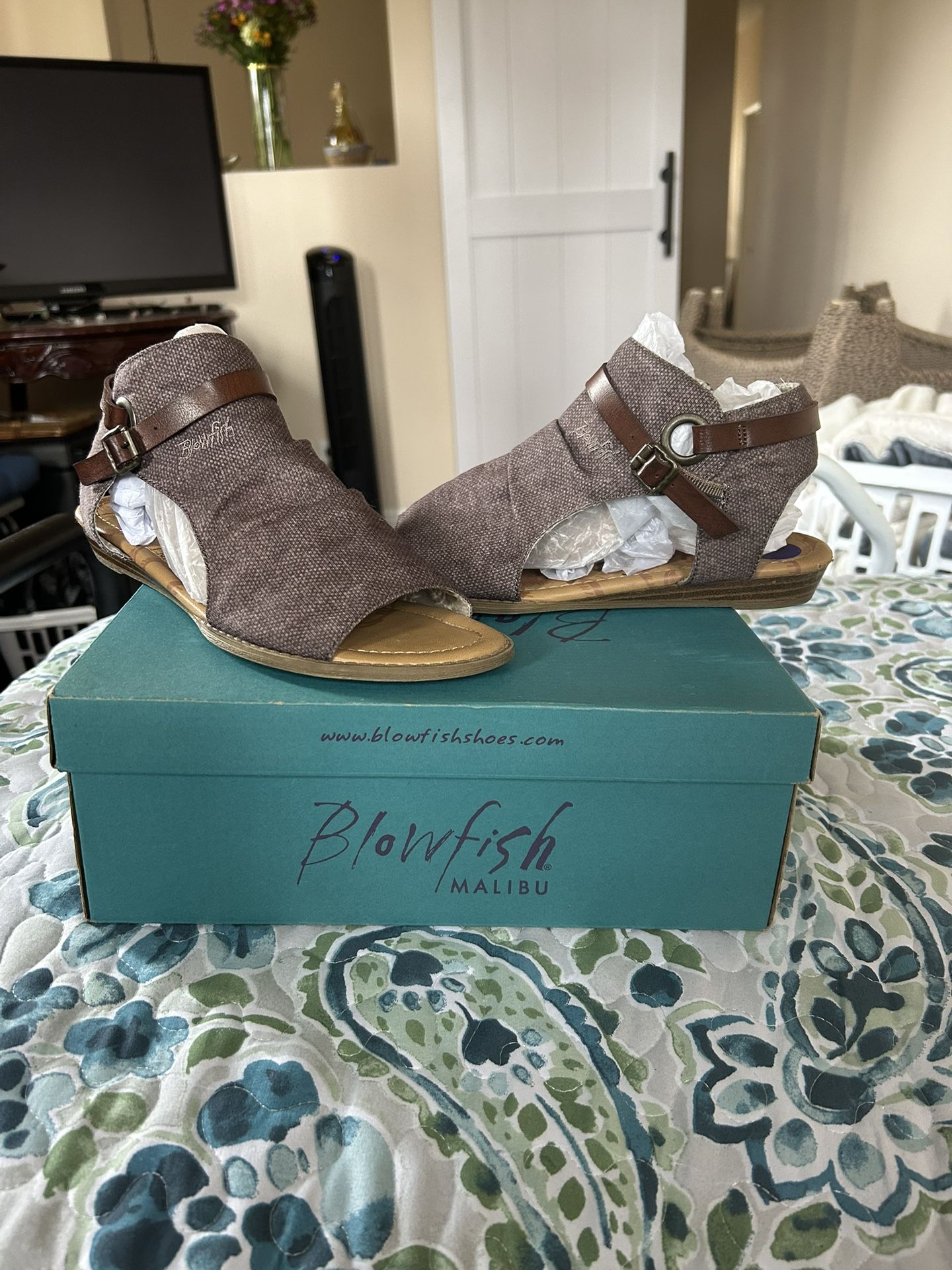 Blowfish Malibu Brown Canvas Wedge Open Toe Sandals