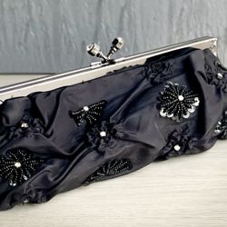 Vintage Satin Beaded Clutch With Metal Frame Closure & Chain Shoulder Strap