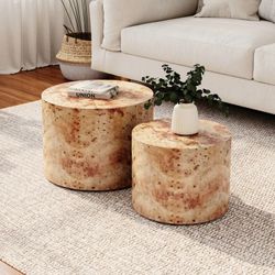 Nesting Coffee Table Set Of 2, Modern Round Coffee Table, Wooden Circle Accent Tables For Small Spaces Living Room Bedroom Balcony Office Drum Side Ta