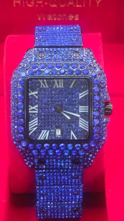 Like New- AJ 40mm Men's Blue iced Stainless Steal watch,