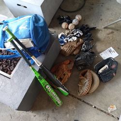 Baseball Kids Lot Gloves Bats Bag Etc  $50 Cash 