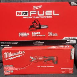 New Milwaukee 2534-21 M12 Brushless Pruning Shears Kit with battery and charger and 
M12 FUEL 6 in. 12V Lithium-Ion Brushless Electric Cordless Batter