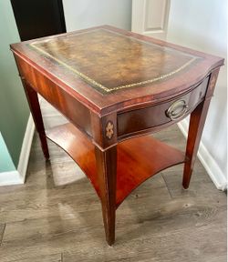Vintage wood End Table with Leather Inlay