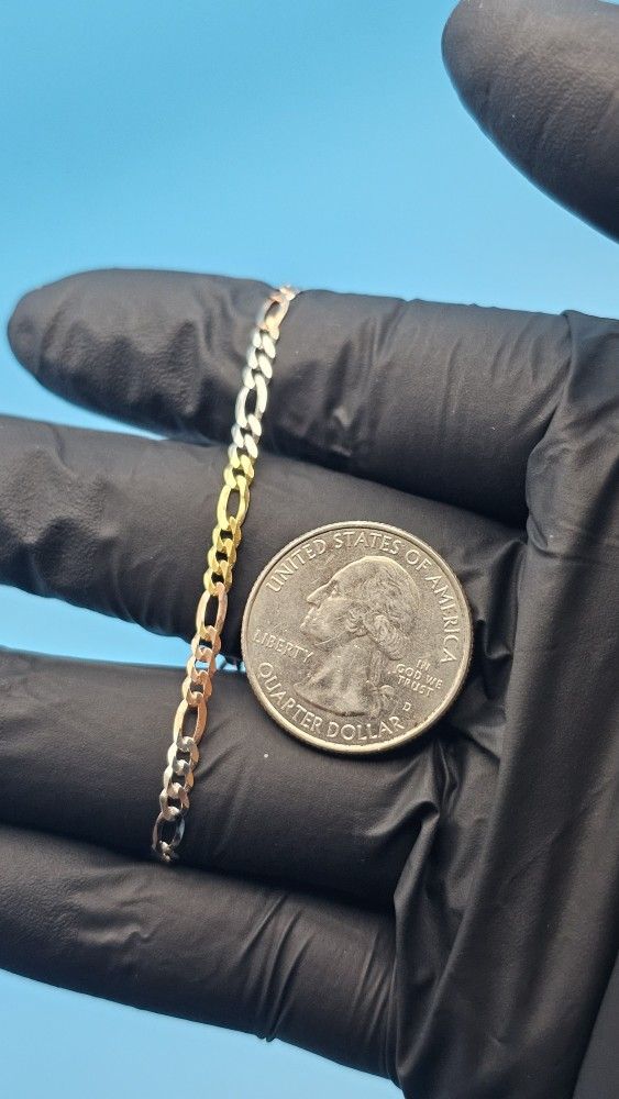 S925 Italian Flat Figaro Bracelet – 6 inch / 3-tone shine