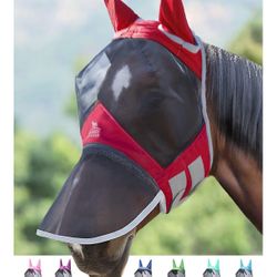 Harrison Howard CareMaster Pro Luminous Horse Fly Mask Large Eye Space Long Nose with Ears UV Protection for Horse Red Full Size 