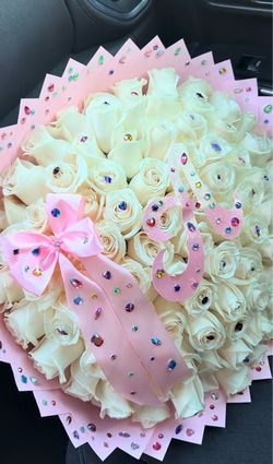 Large White Rose Bouquet with Pink Rhinestone Decor