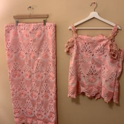 Handmade Light Pink Lace Two-Piece Set — Top + Skirt — Size ~12–14