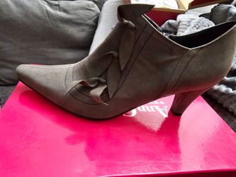 Gray Suede Pointed-Toe Heeled Ankle Bootie
