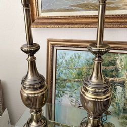 2 Vintage Stiffel Gold Brass Trophy Torch Table Lamps W/ Original Shade 37” T
