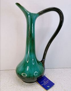 Vintage Blue Mountain Pottery Canada Green Drip Glaze Pitcher Vase 12.5 inches Tall MCM