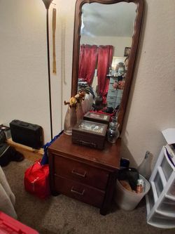 Antique solid wood mirror and nightstand
