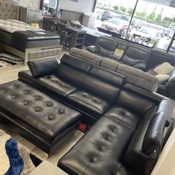 Huge clearance sale. Ibiza black leather sectional ottoman only $899. Easy finance option. Same-day delivery.