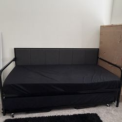 Black Metal Pop-Up Trundle Bed w/ LED Lights + 2 Twin Mattresses & Toppers – Barely Used