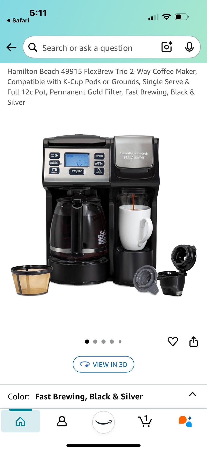 Hamilton Beach 49915 FlexBrew Trio 2-Way Coffee Maker, Compatible with K-Cup Pods or Grounds, Single Serve & Full 12c Pot, Permanent Gold Filter, Fast