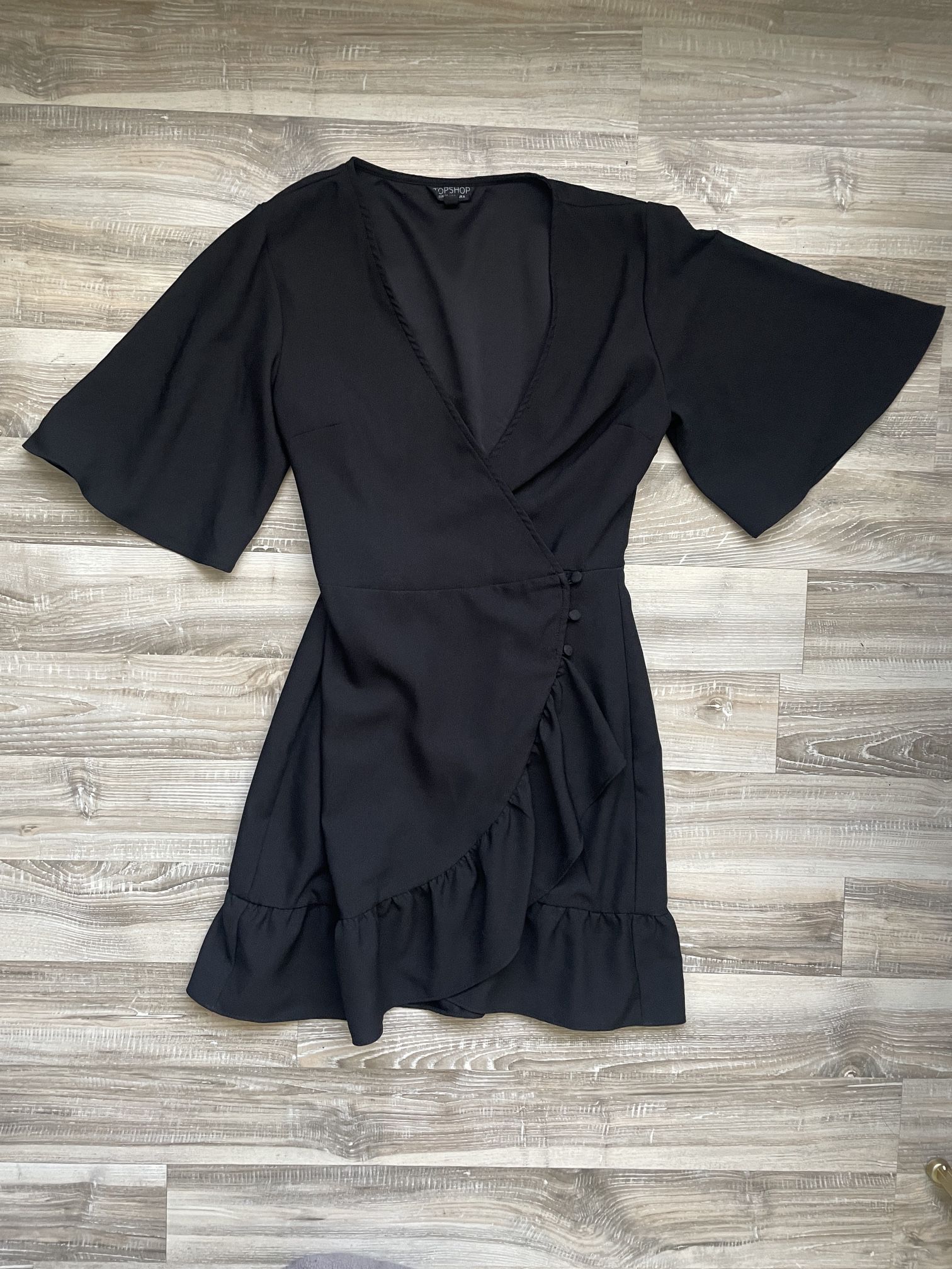 Topshop Bell Sleeve Black Wrap VNeck Dress Size 2 Black Solid Ruffle Polyester
