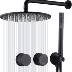 Shower Trim Kit with Valve, Pressure Balance Rainfall Shower System, 2 Handle Wall Mounted Shower Set with Handheld Shower Head, Matte Black