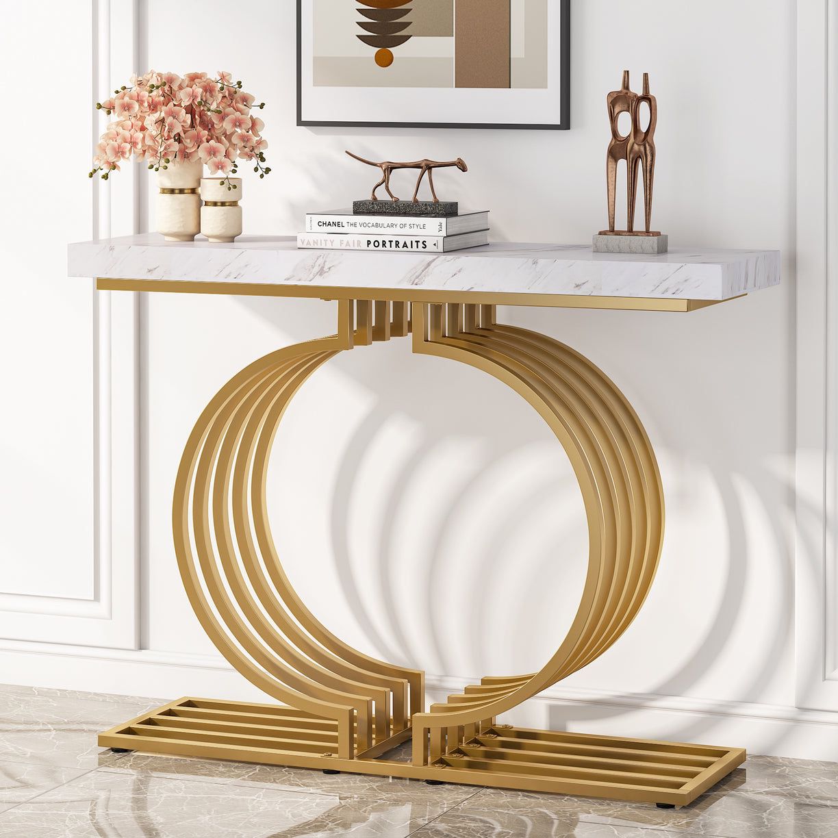 39.37" Console Table, Geometric Entryway Sofa Table with Metal Base