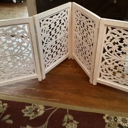 Folding Fence 4 Panels Carved White Purposely distressed Wood, each panel is 24” tall and 18” wide 