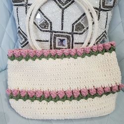 White Crochet Purse With Flowers