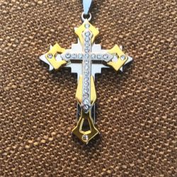 Brand New Gold And Silver Rhinestone Encrusted Cross Necklace 