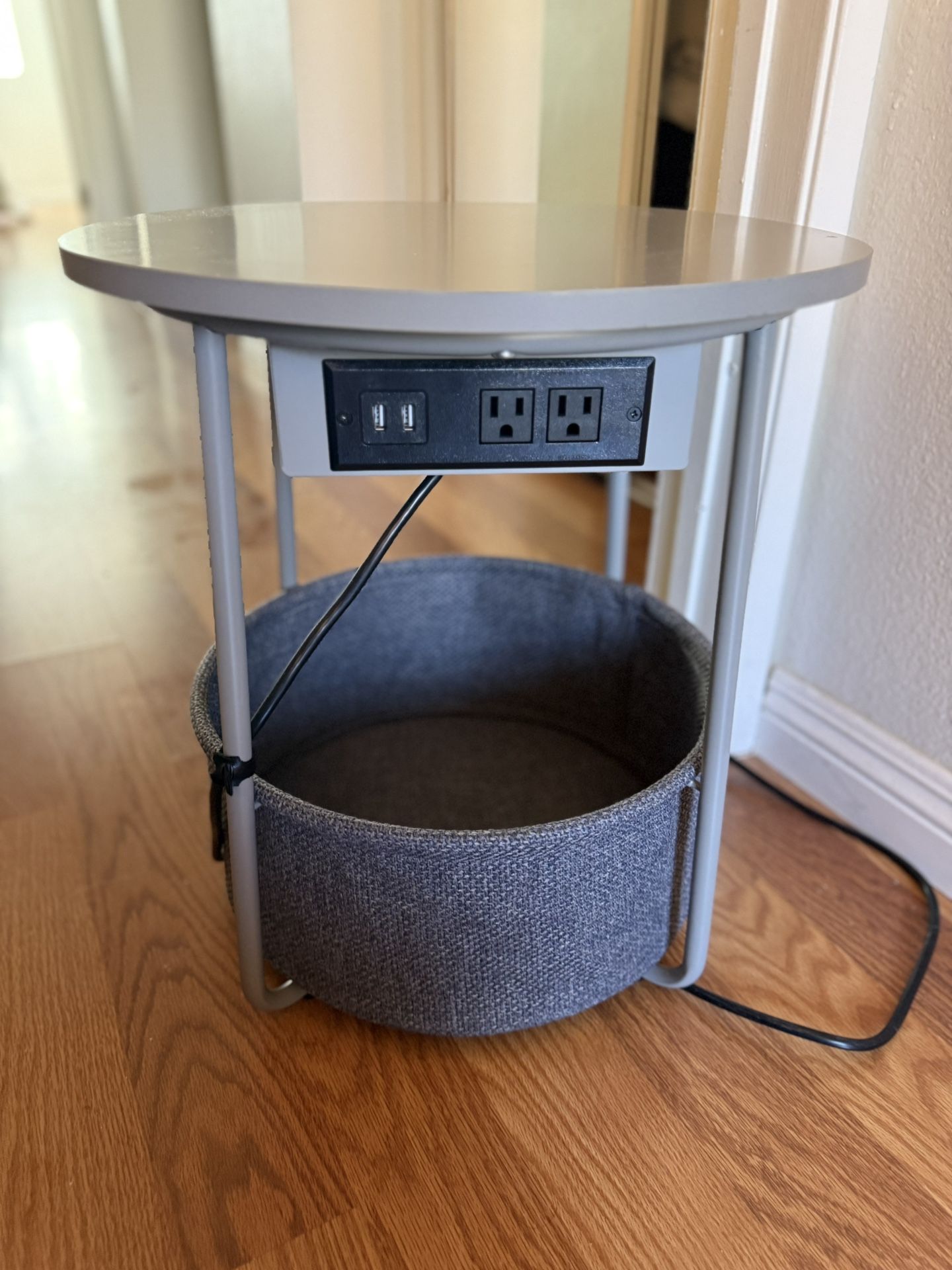 Barely Used End Table With Charging Station And Storage Basket