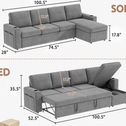 New PRE ASSEMBLED LATITUDE RUN Hatuner 100.5'' Upholstered Sleeper Sofa, L-Shaped Sofa Bed with Storage Chaise
