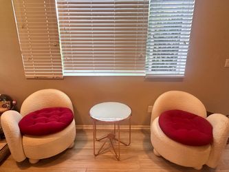 Boucle Accent Chairs with Red Cushions – Set of 2 (local pick up)