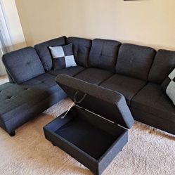 Charcoal Linen Sectional Couch And Ottoman