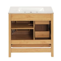 30 Inch Mid-Century Modern Bathroom Vanity with Sink - Freestanding Artistic Wood Cabinet with 3 Drawers & Soft-Close Door, Two-Tone Fluted Panel Desi