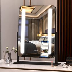 Vanity Mirror with Lights, 16"×12" LED Makeup Mirror, Lighted Makeup Mirror with Lights, Smart Touch Control Dimmable 3 Modes Light 360°Rotation Black
