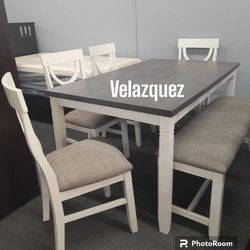 ✅️ ✅️ 6 pcs White and grey finish dining table set padded seat chairs and bench 