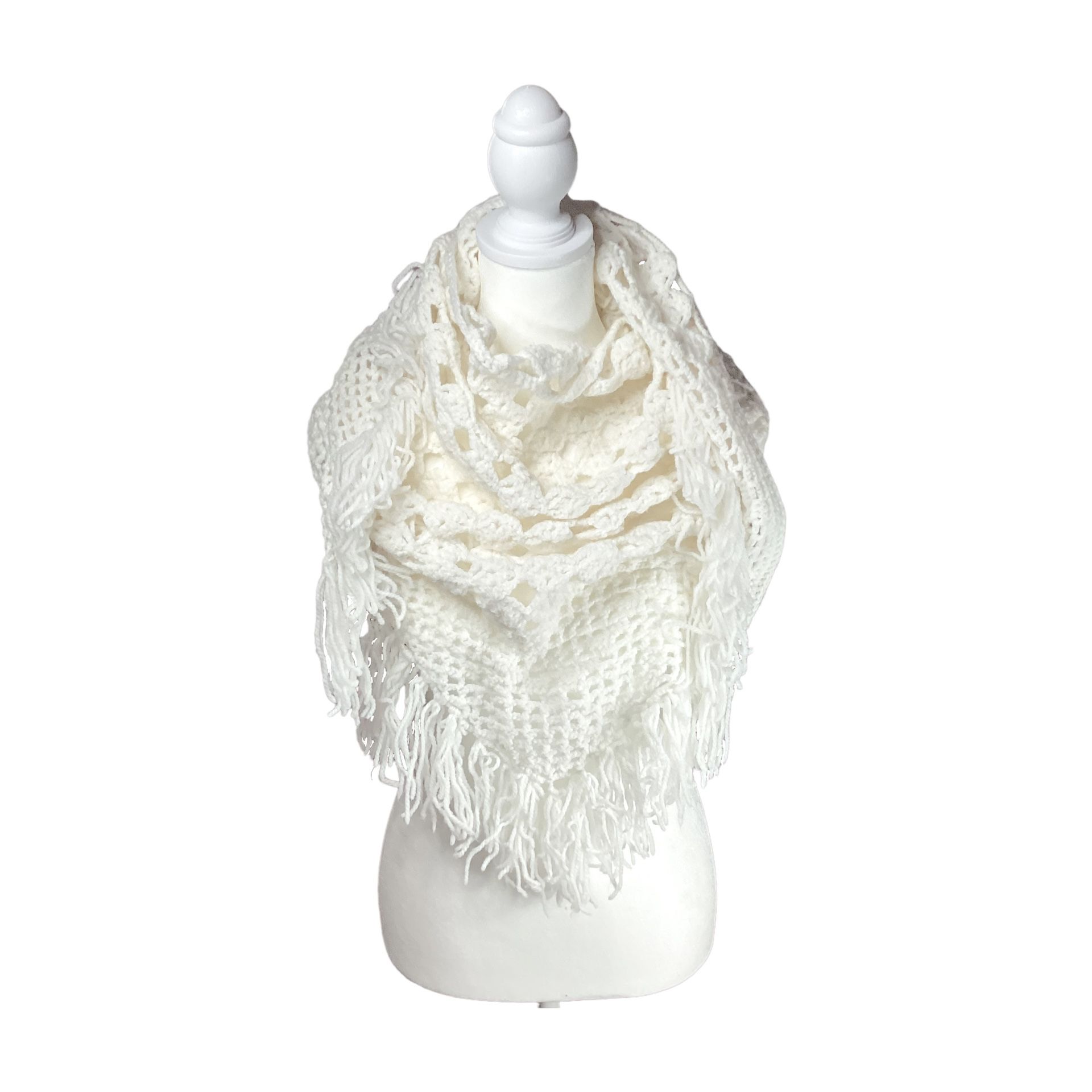 1970s Crocheted Fringed Shawl Wrap, 68 in, White Scarf With Fringes, Open Knit, Triangular Shape, Boho Hippie Gypsy Style
