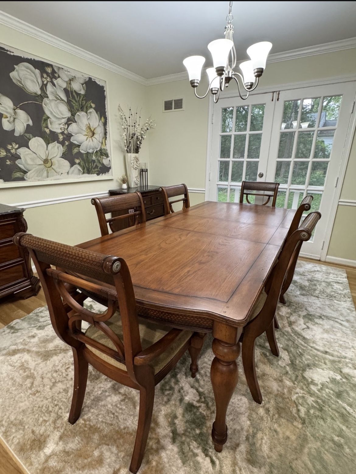 Solid Wood Elegant Dining Room Set - Table, 6 Chairs, 2 Side Tables, China Cabinet