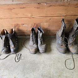 2 pairs vintage work boots and Le Trappeur ski boots, need work, sizing unknown