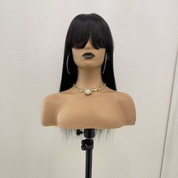 16” Straight Human Hair Full Frontal Lace Wig, with Bangs, Cut Bangs and adjust