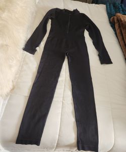 Black Ribbed Long Sleeve Jumpsuit
