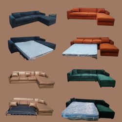BRAND NEW 7X9FT AND 9X5.5FT SECTIONAL CHAISE, SOFA WITH SLEEPER,  Velvet ORANGE FABRIC. CUSTOM MADE AVAILABLE