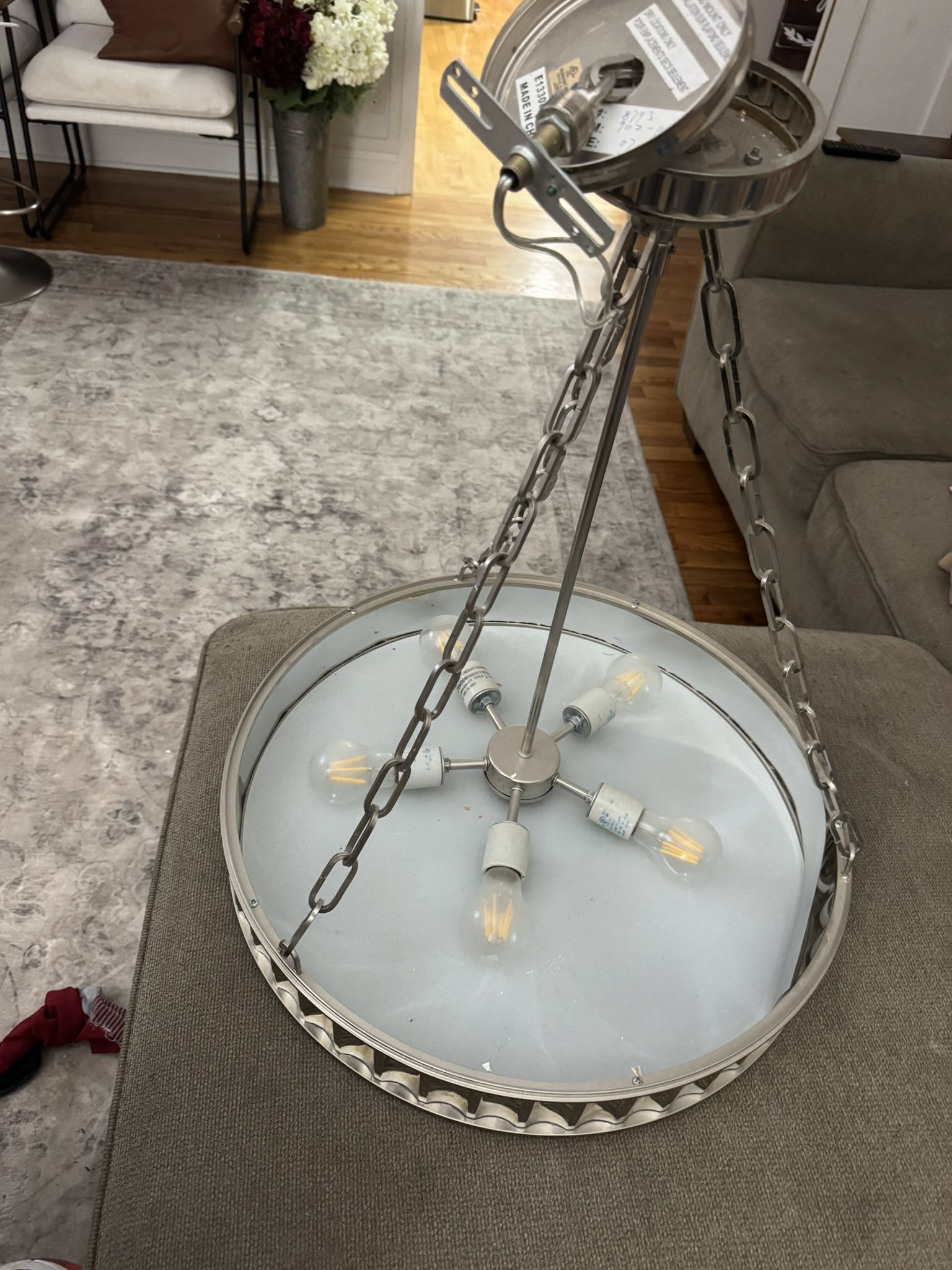Modern 5-Light Brushed Nickel Chandelier – Frosted Glass Shade