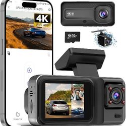 3 Channel 4K Dash Cam with 5GHz WiFi & APP Control, 4K+1080P+1440P Dash Cam Front and Rear Inside with 64GB Card, Dash Camera for Cars with Night Visi